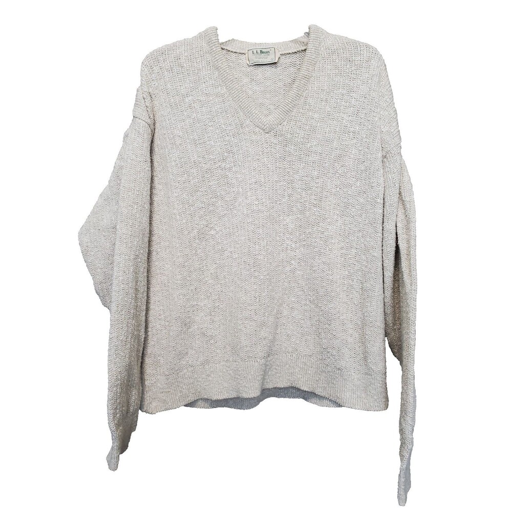 LL Bean Men's Beige Cotton/Rayon V-Neck Long Sleeve Sweater Size Large Vintage